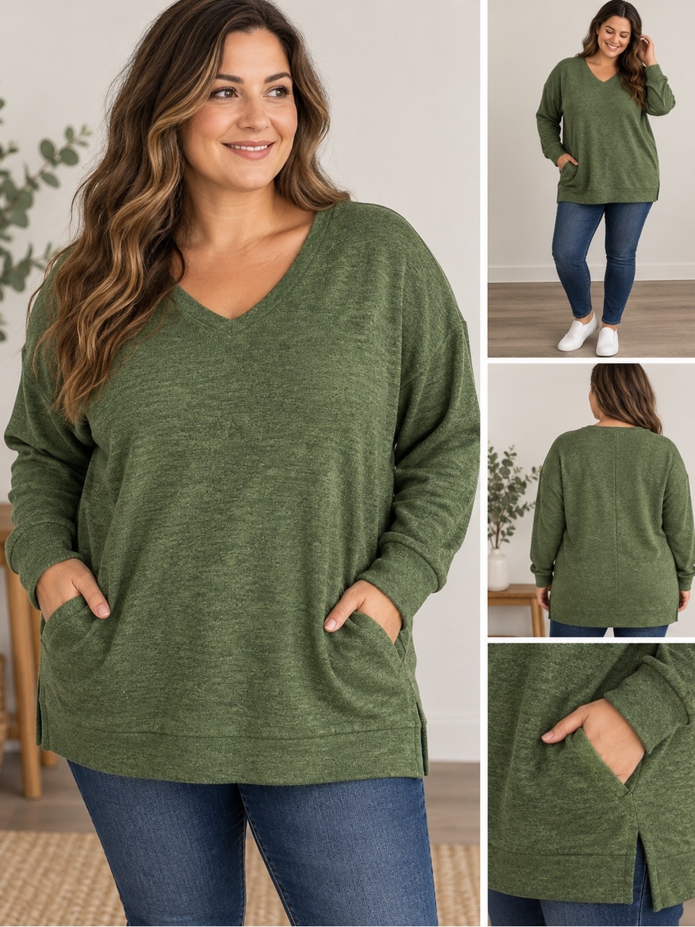 Olive Green V-Neck Oversized Pocket Sweater Tunic Plus Size 1X